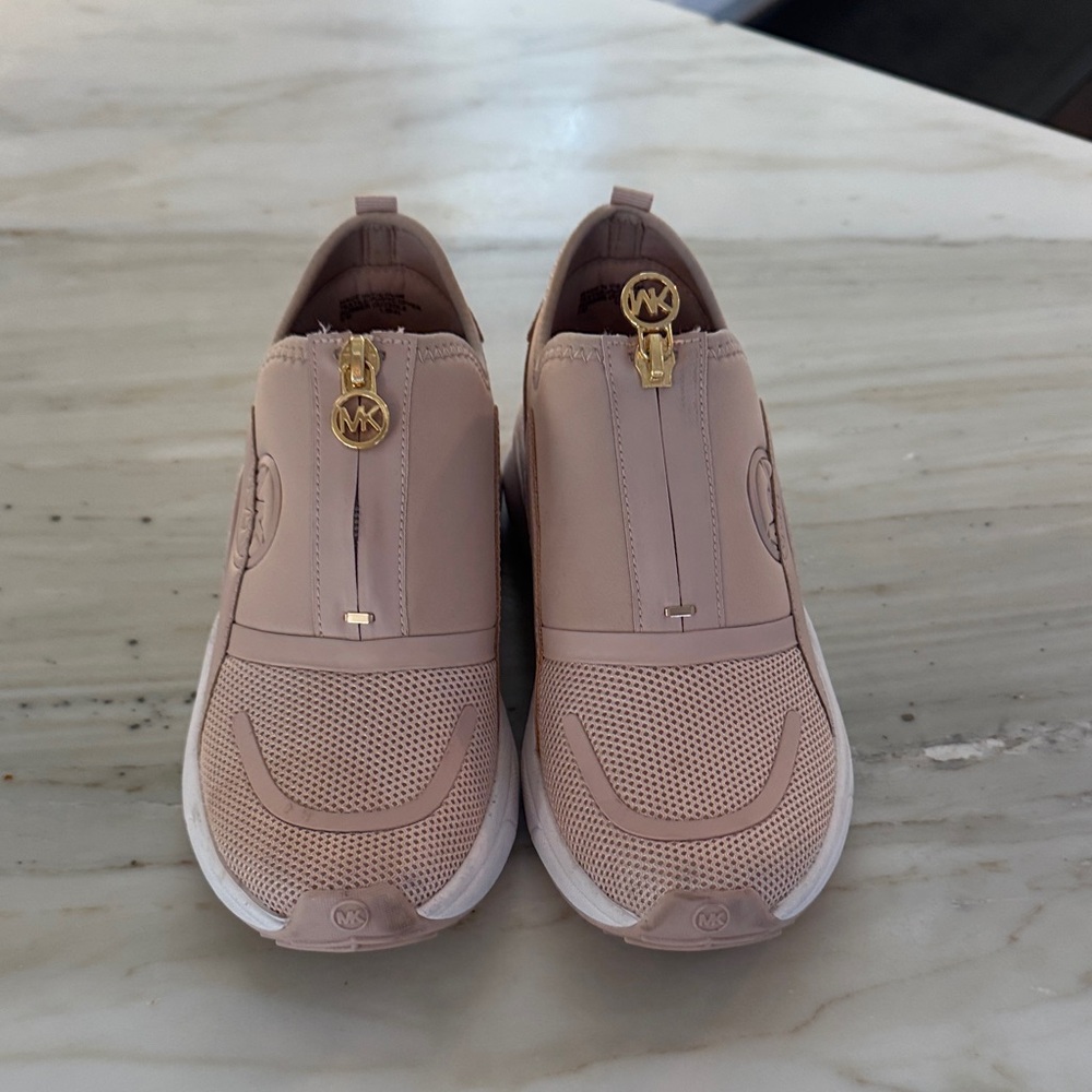 Michael Kors Blush Pink Slip-On Sneakers with Gold MK Zipper